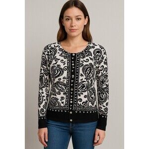 Perrs New York Women’s Black White Cardigan Sweater Beaded Design Size M